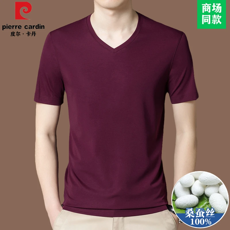 皮尔卡丹品牌新款夏季V领纯色体恤衫休闲男士蚕桑丝短袖T恤