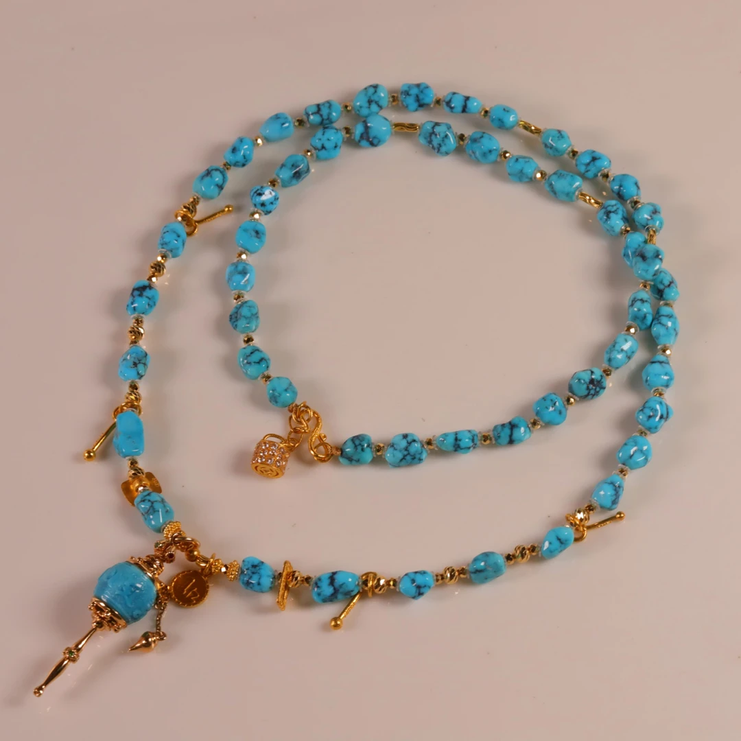 天然原矿绿松石高瓷蓝18K搭配金设计款项链