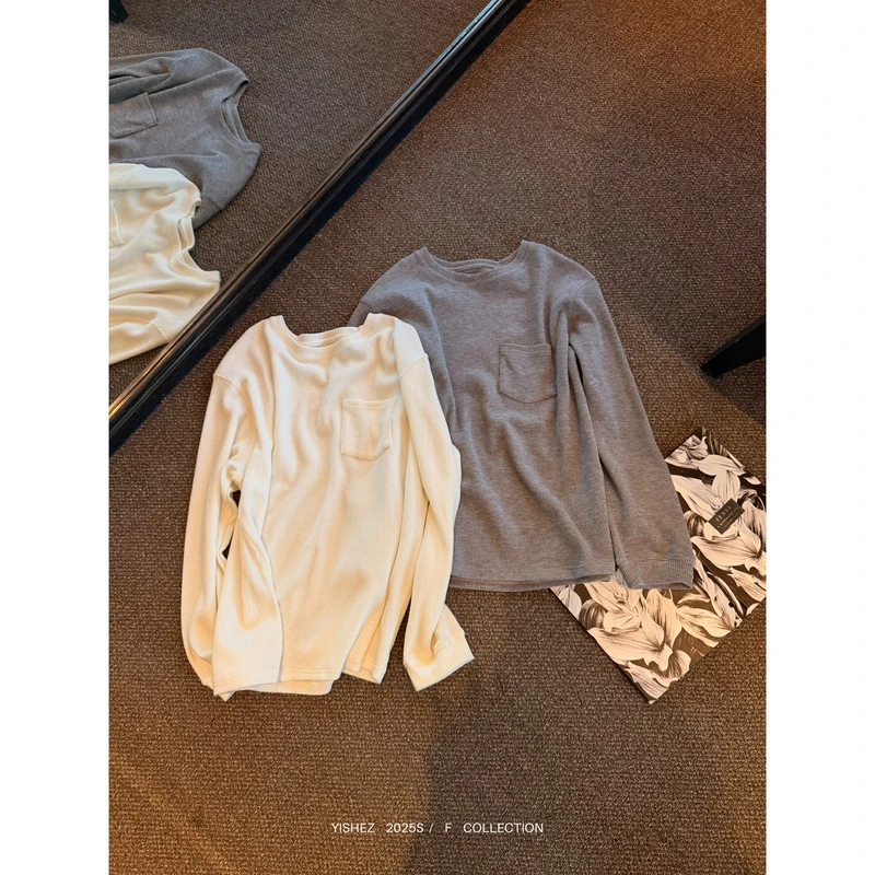 YISHEZ“刚需tee”质感华夫格长袖上衣百搭T恤女秋冬