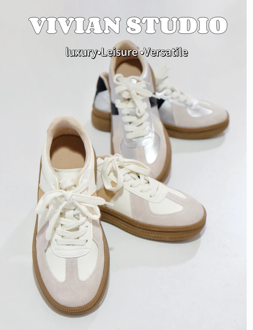【增高3cm】牛皮德训鞋女新款复古拼色百搭休闲运动板鞋小白鞋