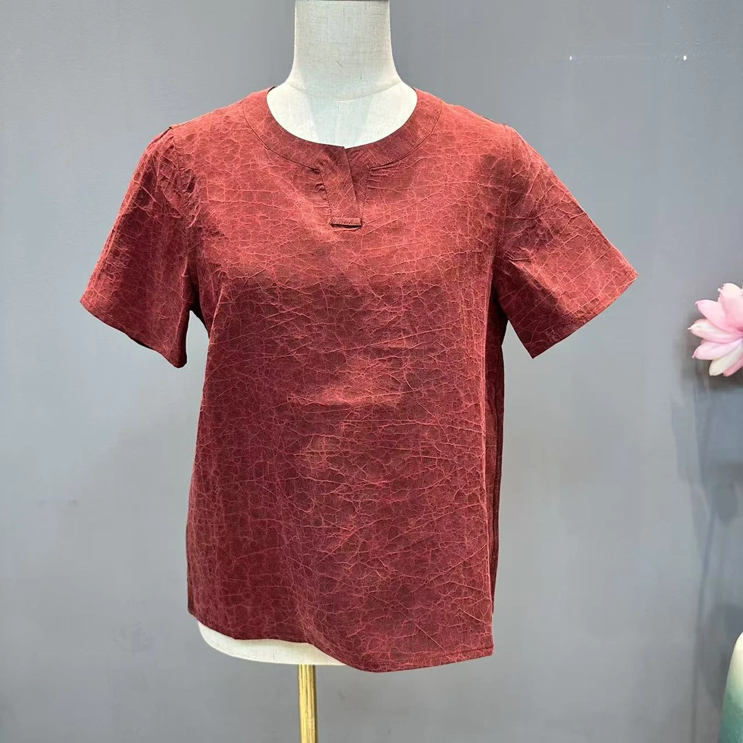 82511气质老料高端V领双面穿龟裂纹夏季宽松休闲半袖女士妈妈装