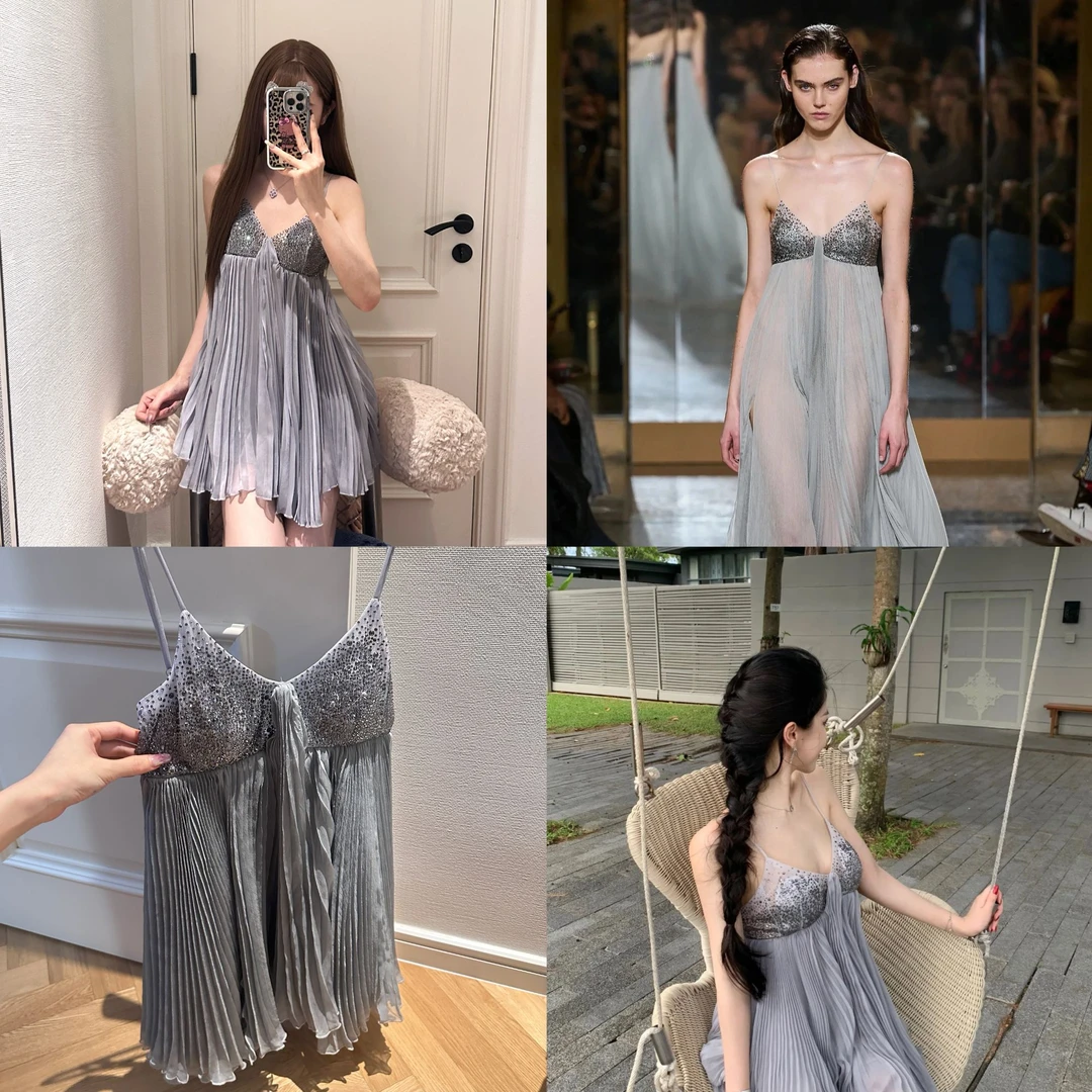 蕾丝之王秀款灰色水晶V领吊带露背收腰短款连衣裙