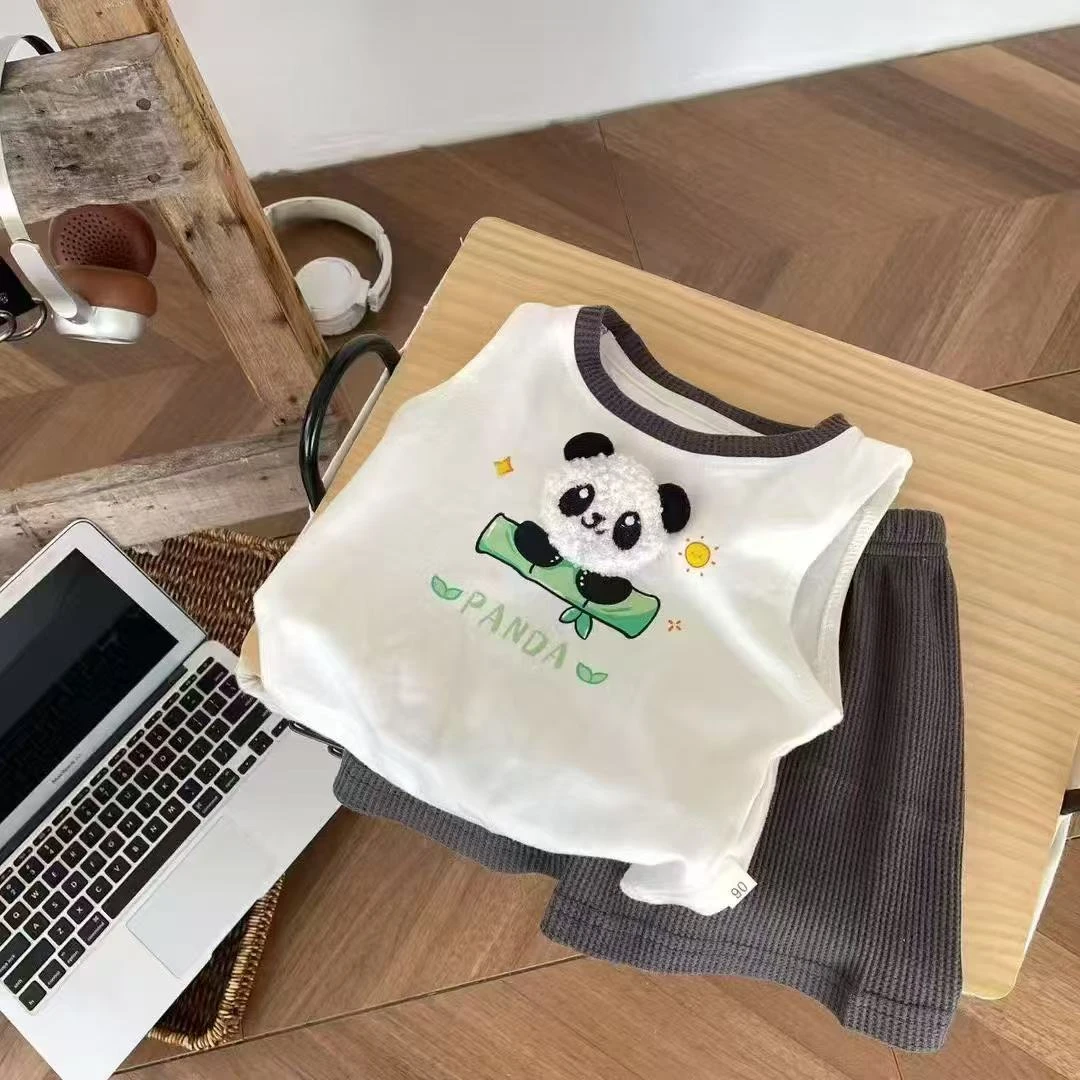 儿童卡通立体熊猫玩偶背心螺纹短裤两件套新款夏季男宝女宝