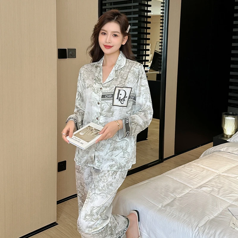 秋冬冰丝提花面料睡衣字母印花水墨画女士长袖家居服套装简约休闲