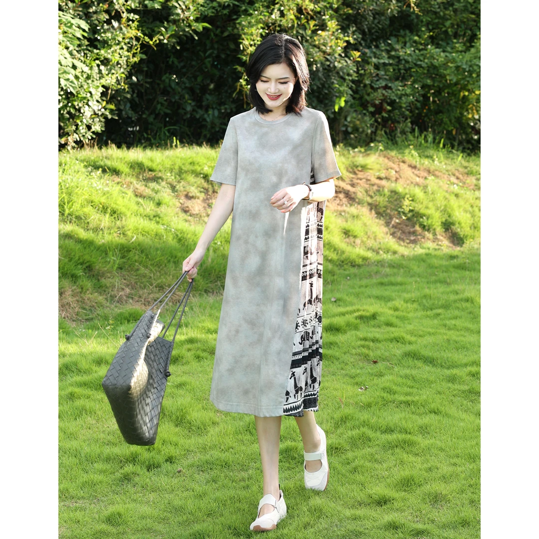 枫竺阿楠anan气质圆领高级设计感印花拼接长裙海边度假连衣裙