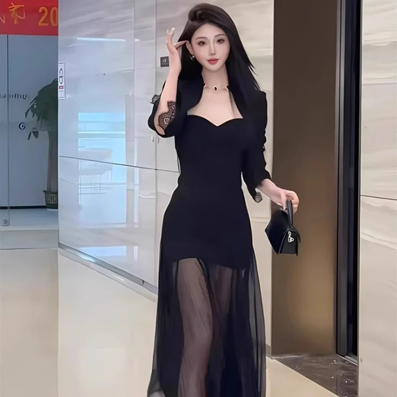 【两件套】御姐气质网纱拼接黑色吊带连衣裙短款外套两件套D0477