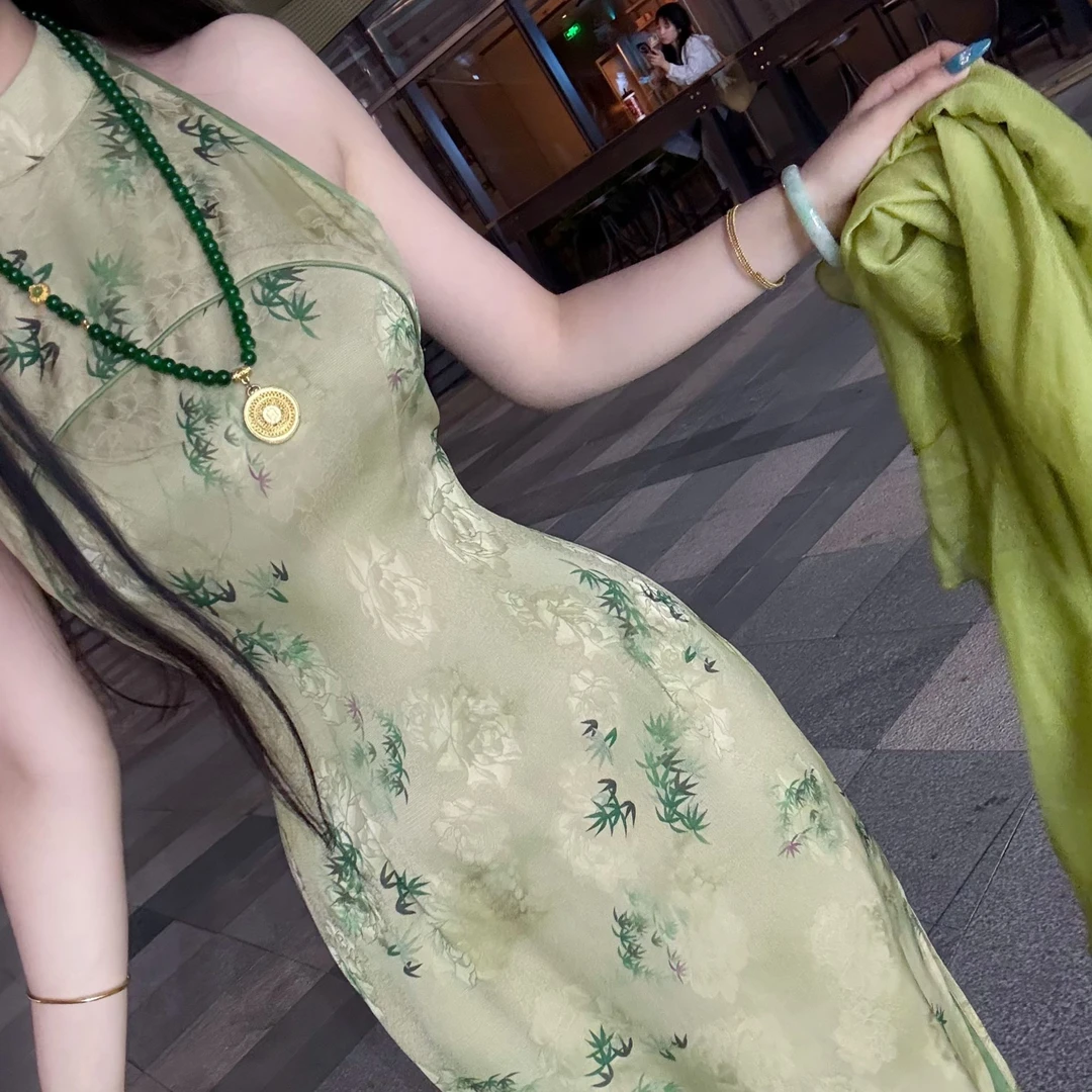 画报夫人原创自制夏季显瘦改良绿色新中式旗袍 夜寄梨诗