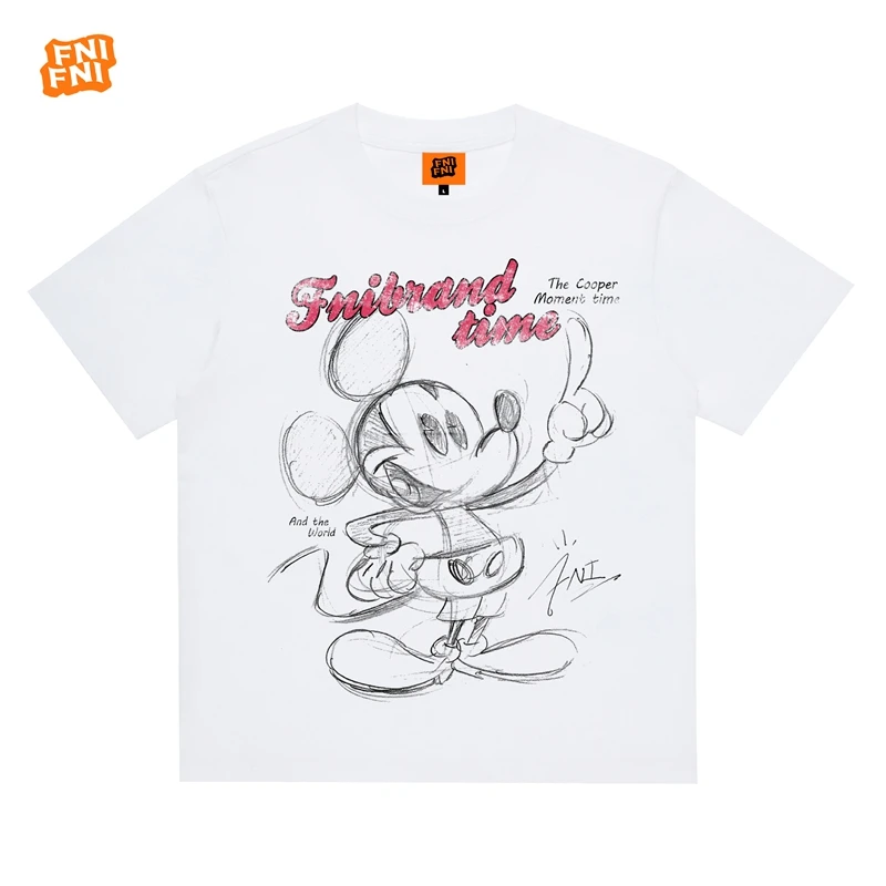 FNI国潮重磅纯棉（素描米奇）男女同款t恤美式复古短袖24年新款直喷