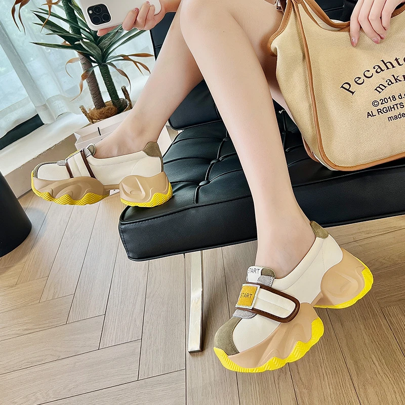 厚底浅口老爹鞋女2025春秋夏新款真皮魔术贴小个子网红透气休闲鞋