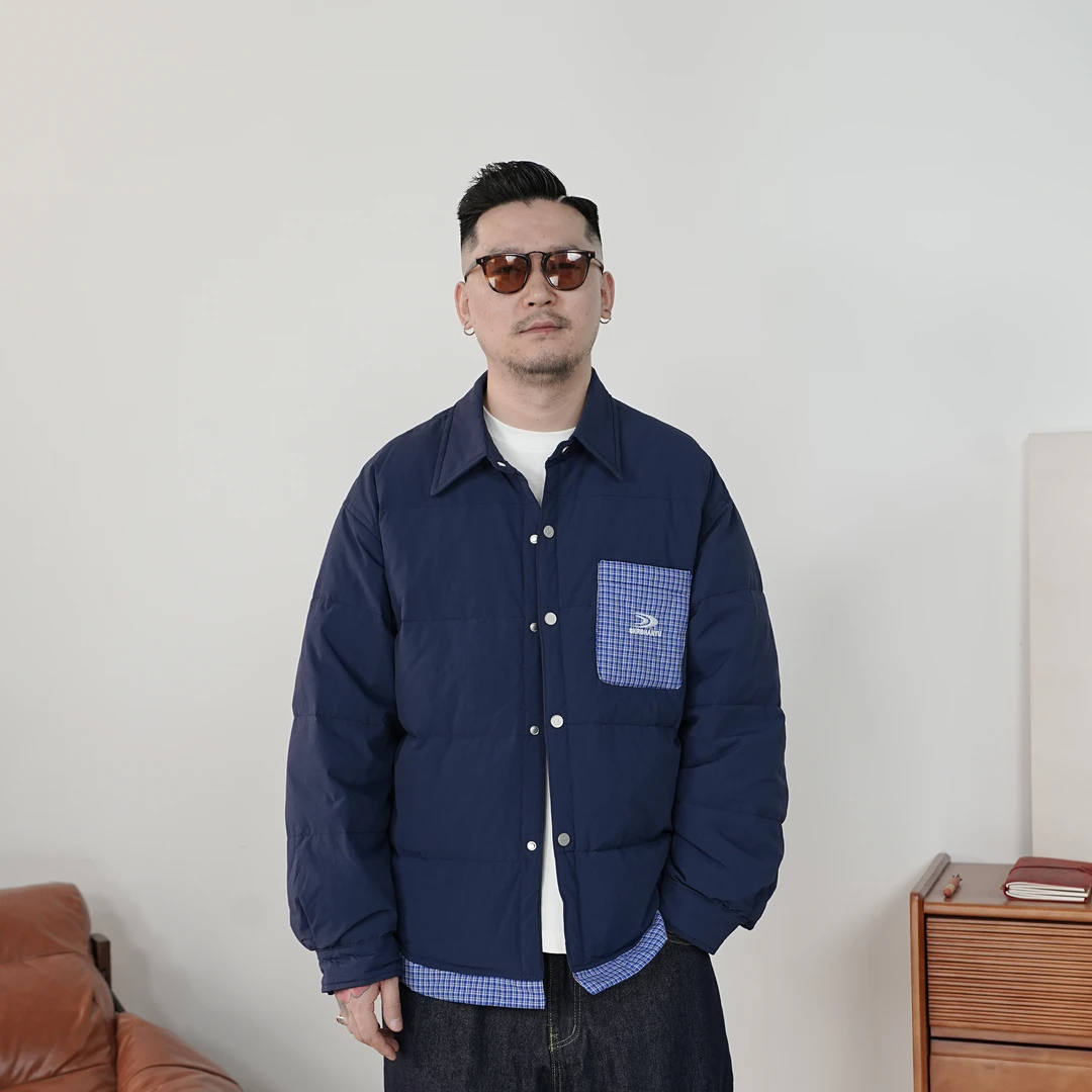 25FW秋冬季休闲简约撞色通勤羽绒服百搭宽松情侣翻领羽绒服