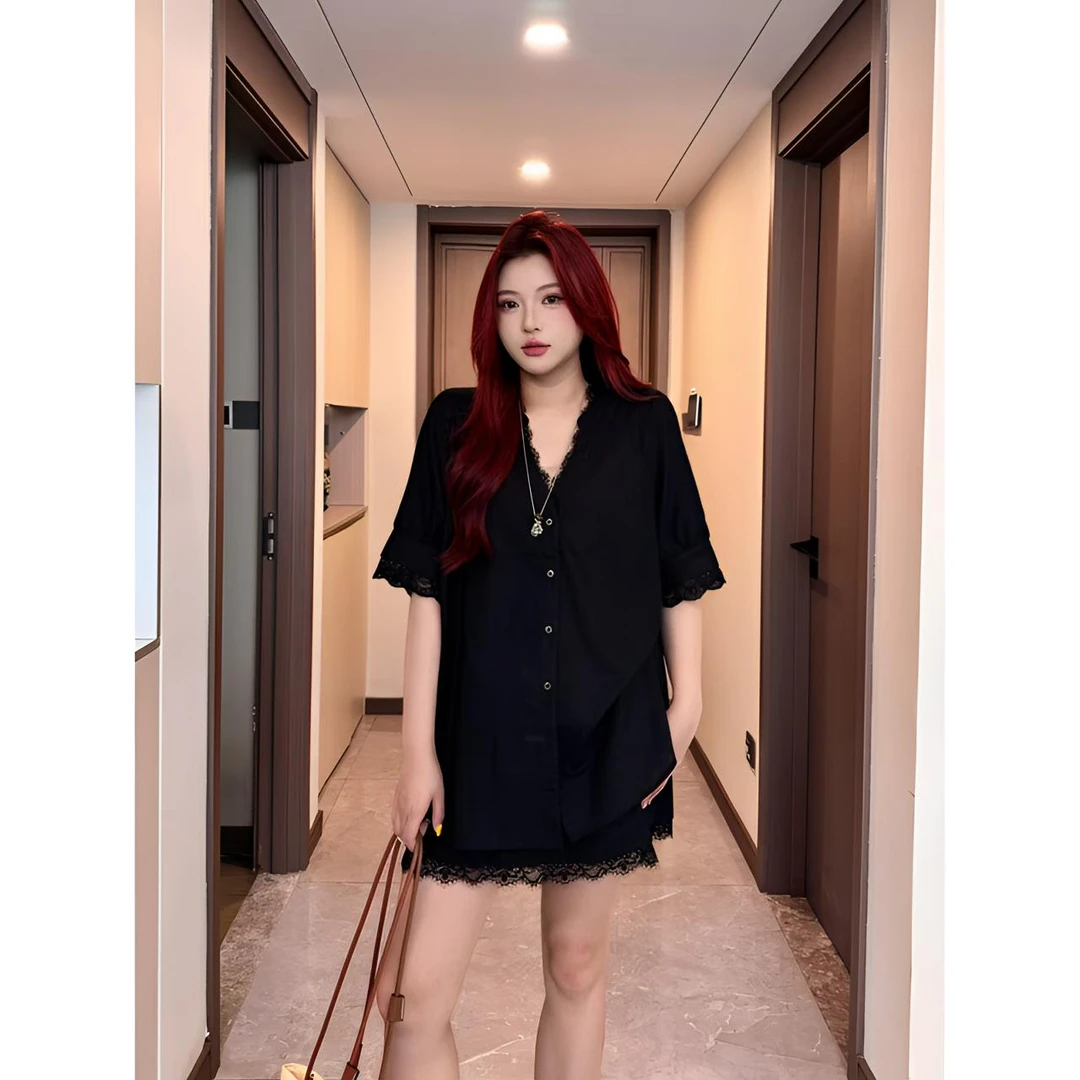 Xiaix【淡蓝回忆】夏季显瘦宽松蕾丝边短袖衬衫+短裙套装TZ250525