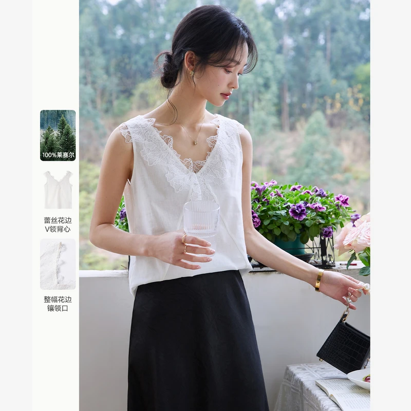 梵希蔓蕾丝花边拼接背心吊带女2025夏季新款通勤百搭无袖V领A1126