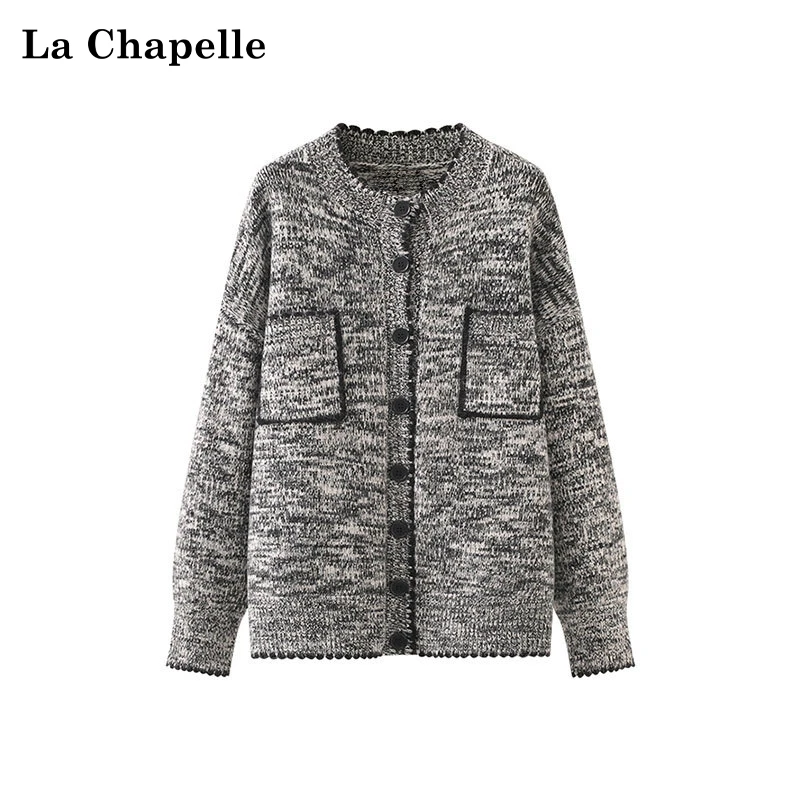 拉夏贝尔春季圆领口袋针织开衫女宽松软糯复古厚上衣新款高级时尚