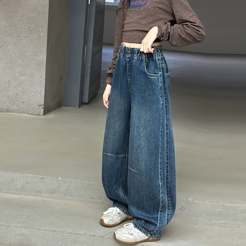 女童侧缝拼接牛仔裤显瘦洋气2025新款中大童弯刀裤韩版时尚休闲裤