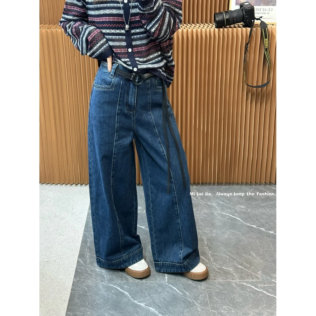 欧洲站年早秋新款时尚蓝色水洗牛仔直筒裤女洋气配编织腰带潮