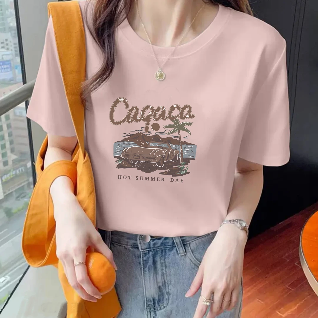 2025新款圆领汽车椰子树印花纯棉短袖女修身显瘦百搭上衣