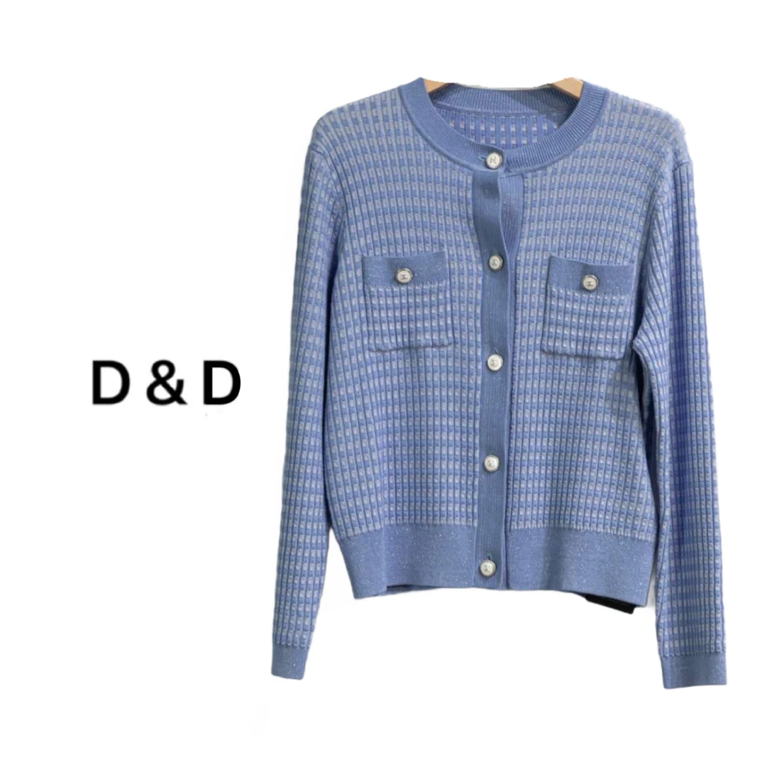 D&D小香风春季常规长袖毛针织衫小香风格纹短款圆领上衣毛衣