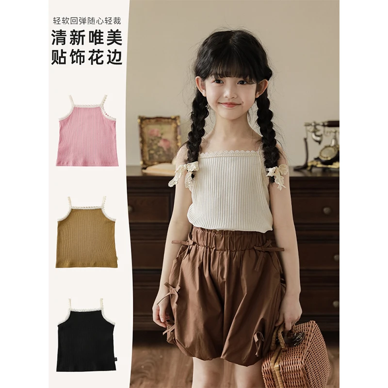 清 幼悠夏四波CD0441 花边吊带衫儿童外穿背心中大童女孩洋气上衣