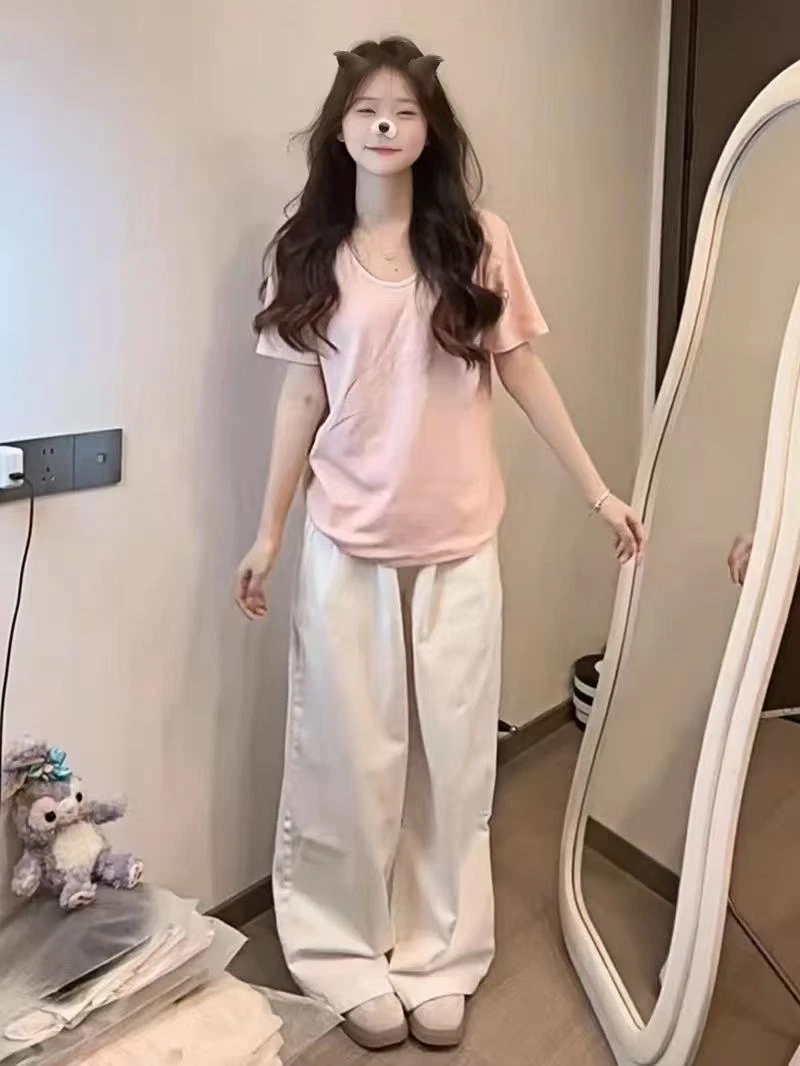 2025夏季时尚白色休闲纯色U领宽松正肩短袖T恤修身显瘦慵懒风女.