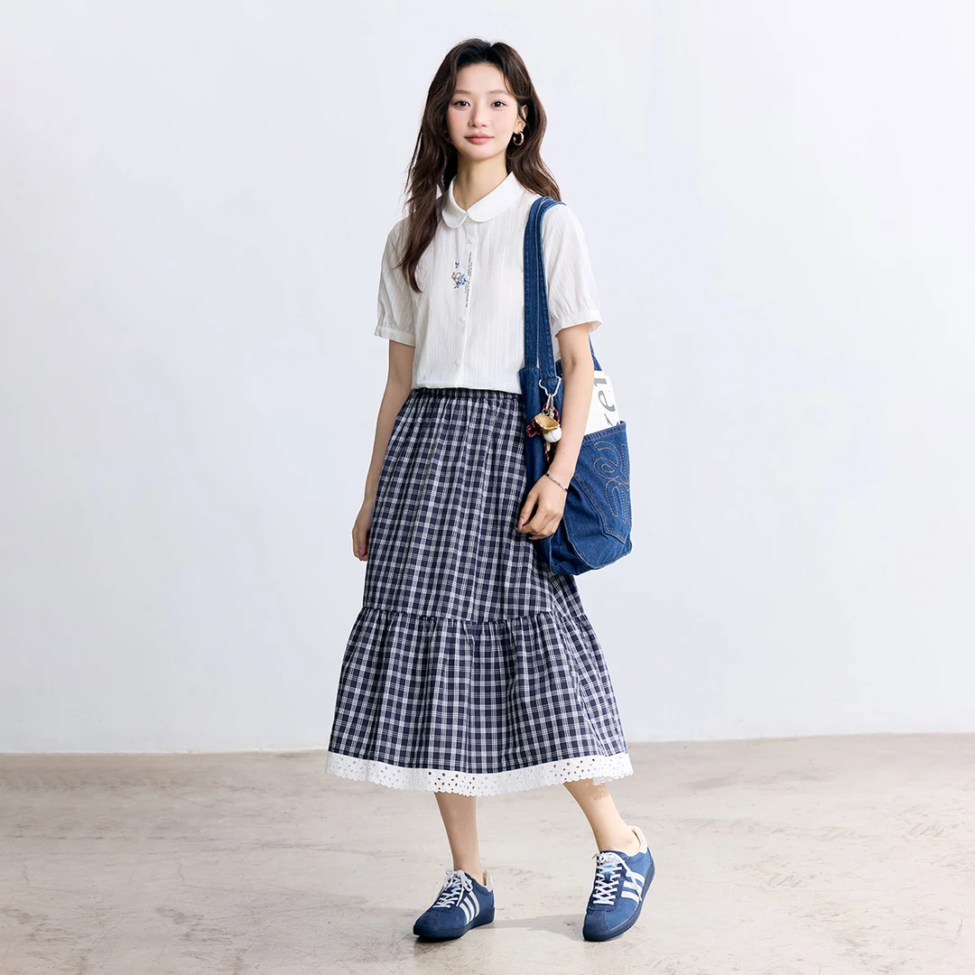 【商场同款】茵曼25新款秋季格子半身裙女学院风百搭A字裙子