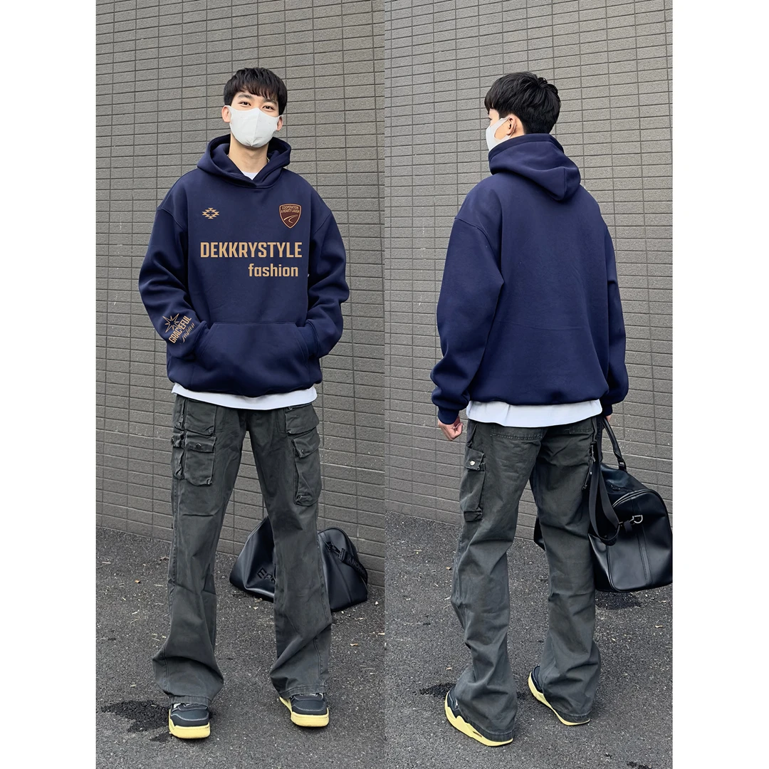 美式个性盾牌字母印花宽松连帽卫衣男女秋冬季休闲百搭情侣上衣