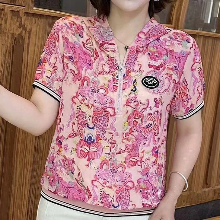 2025新款夏季时尚短袖连帽妈妈装休闲显瘦洋气百搭减龄遮肉T恤