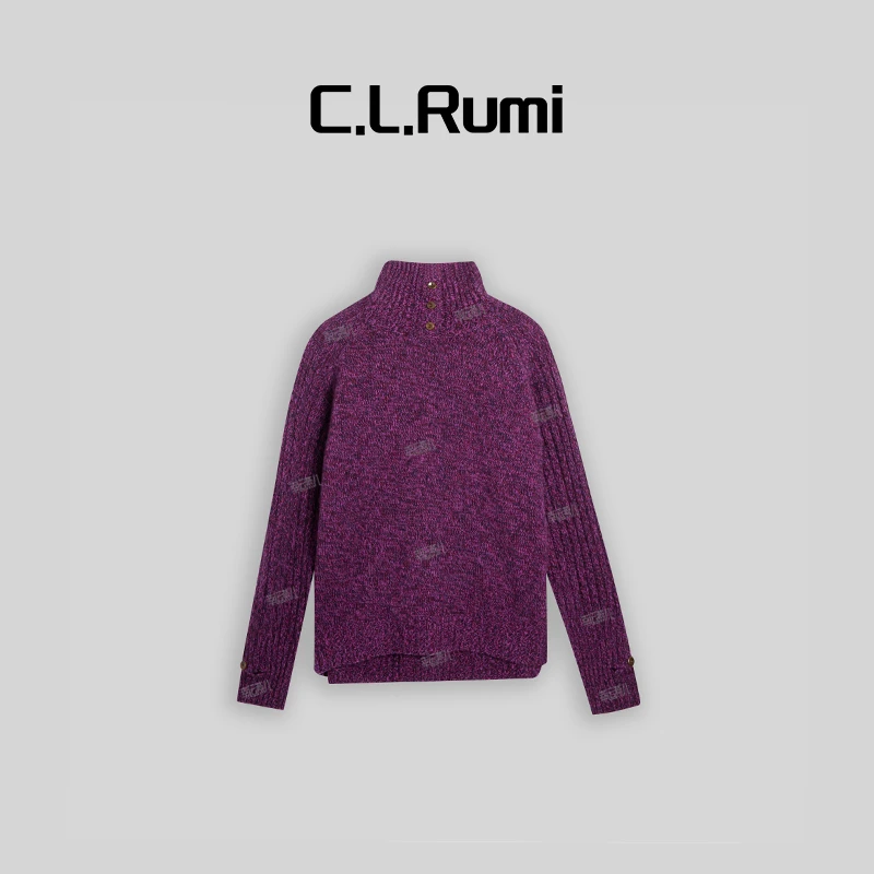 【燕子福利】“桑椹紫”显白高克重保暖三粒扣高领羊毛针织上衣6442my