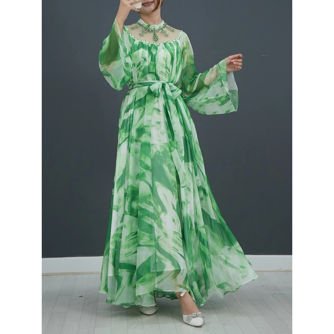 2025欧美海边度假风沙滩裙新款高级水彩印花大裙摆越南小众连衣裙