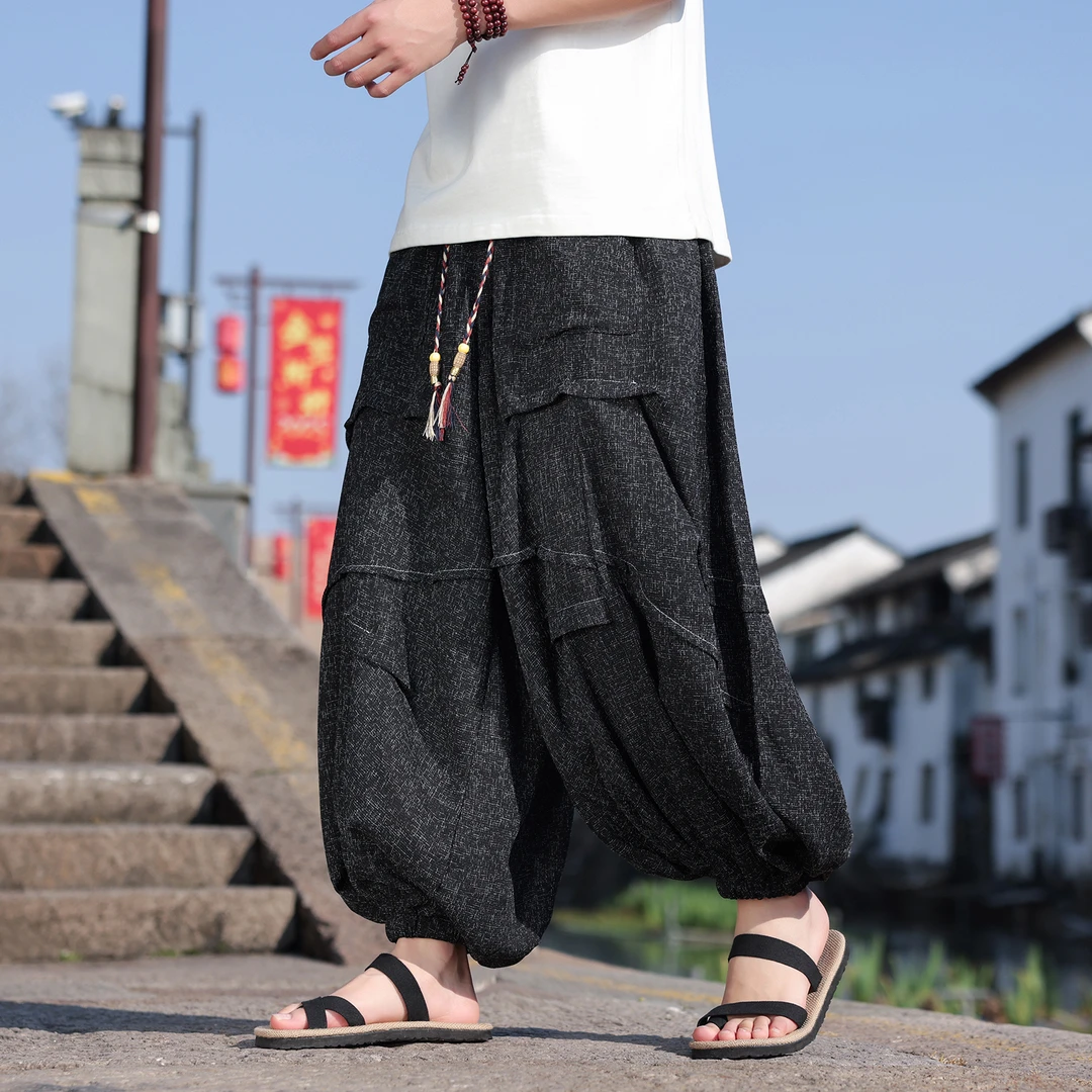 中国风男士冰丝裤子秋季新款宽松大码阔腿裤新中式潮流垂感直筒裤
