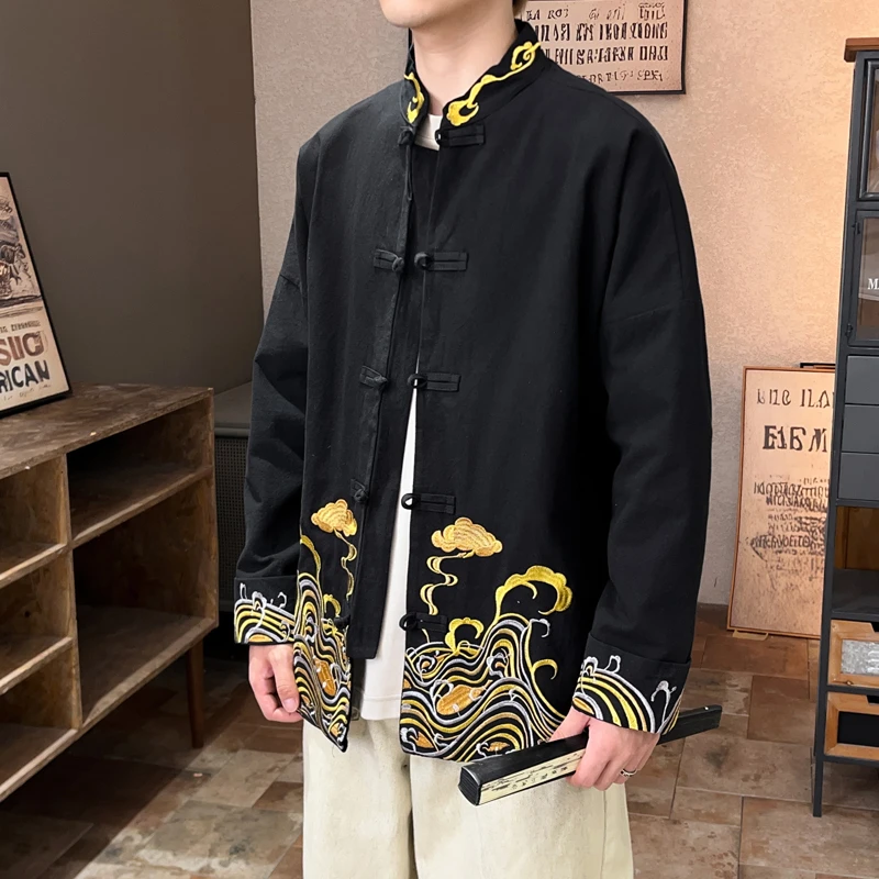 中国风龙纹刺绣亚麻复古秋季唐装男宽松大码中山装男外套青年套装