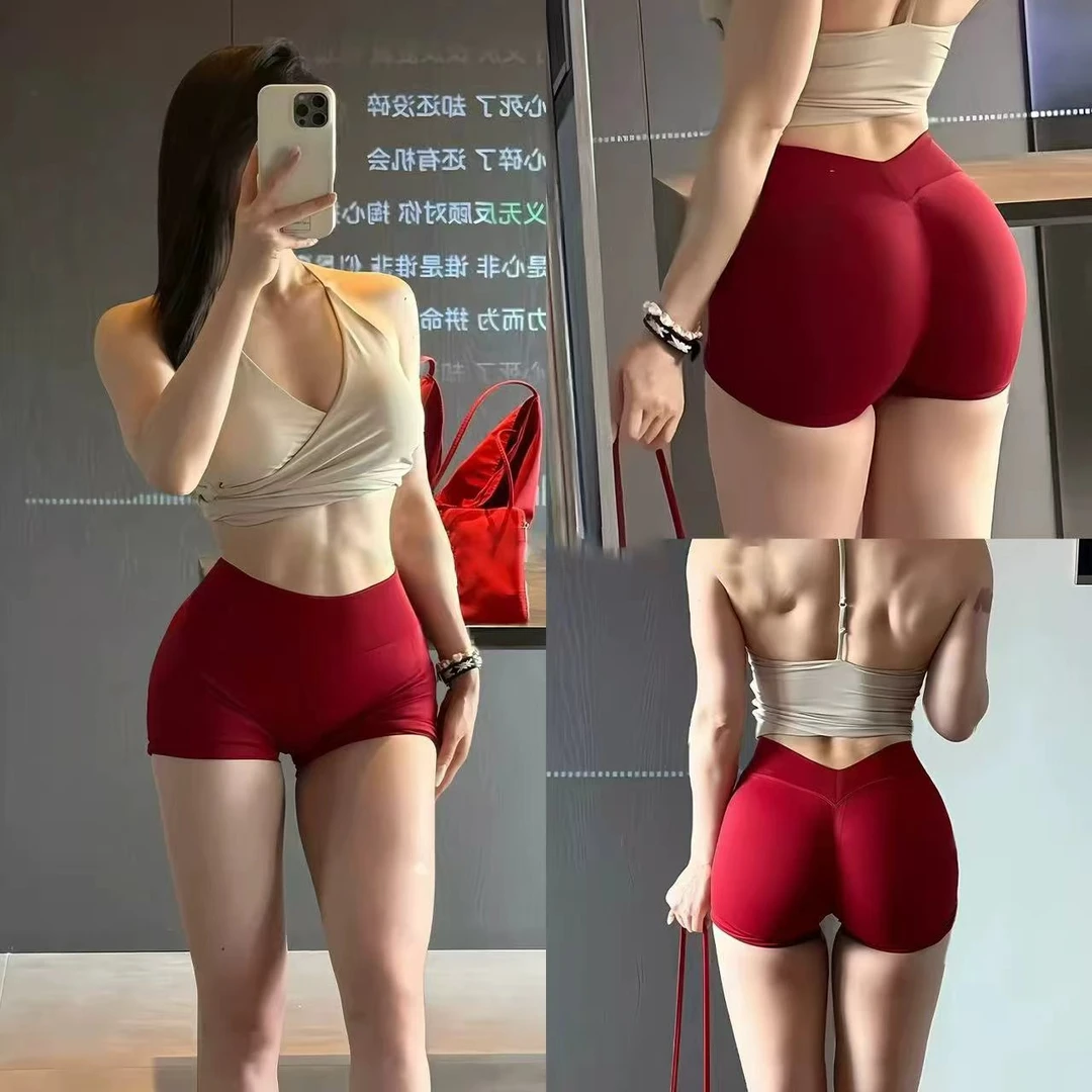 【新臀王】性感后V中高腰三分显臀针织蜜桃红色瑜伽裤健身短裤包臀