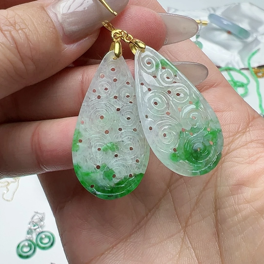 翡翠耳饰银S925镶嵌天然缅甸A货翡翠