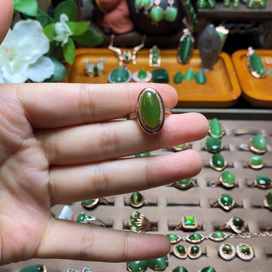 和田玉（碧玉）银S925镶嵌吊坠(不含链)戒指