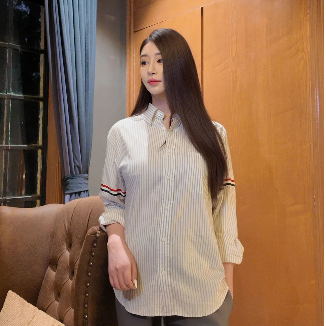 【goolu专属】tb新款条纹织带翻领衬衫长袖时尚百搭舒适休闲男女