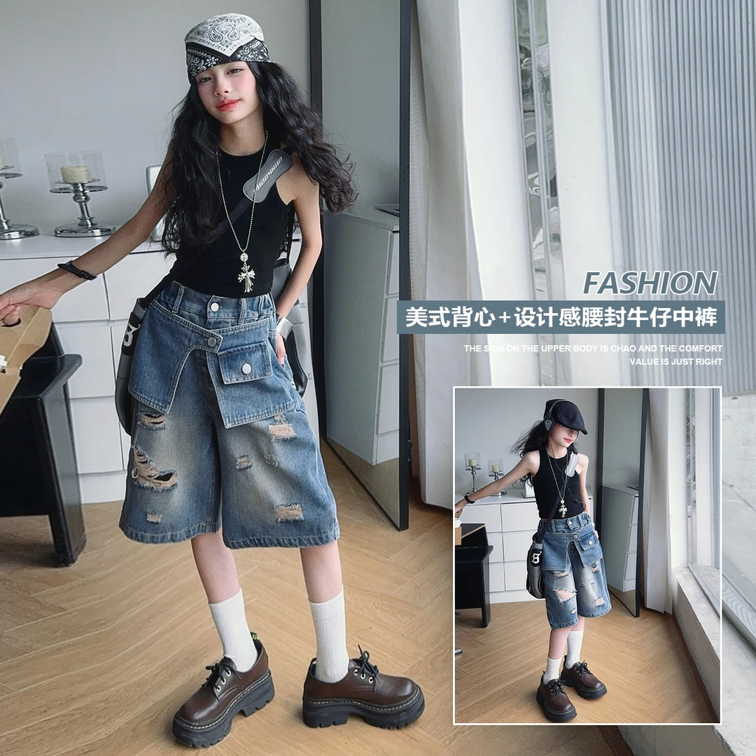 女童腰封设计牛仔裤套装夏季2025新款儿童中裤洋气短裤韩版五分裤