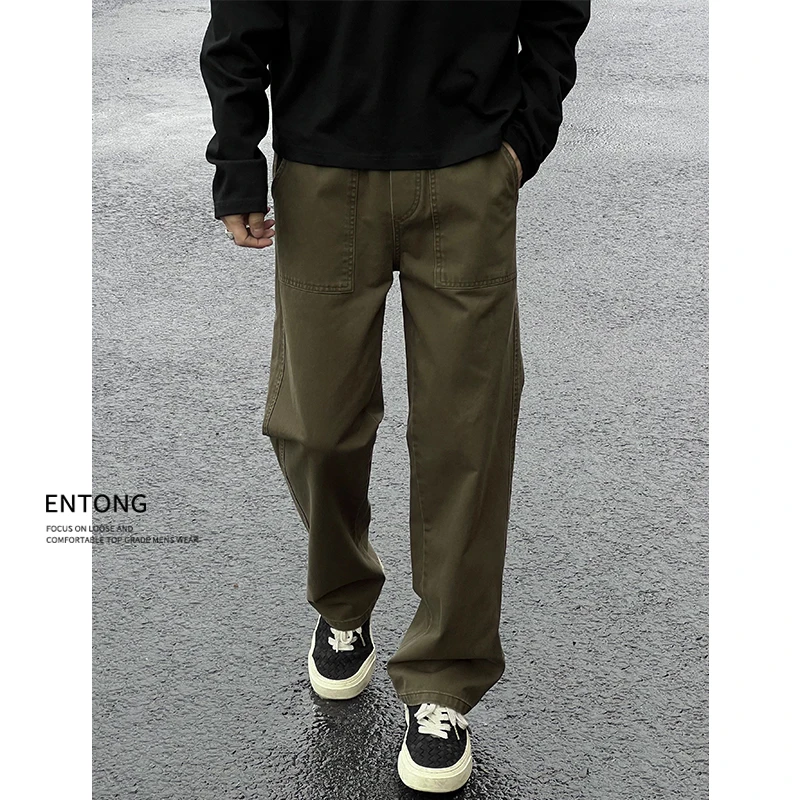 Entong美式复古cleanfit休闲裤男士时尚百搭宽松直筒大码工装长裤