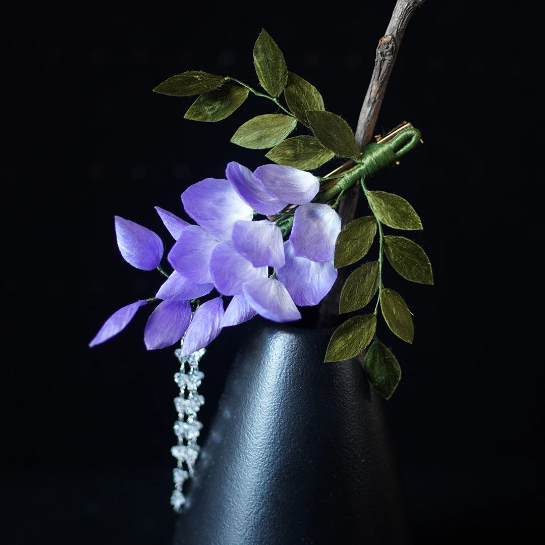 非遗绒花丨紫藤花 纯手工国风绿檀木桑蚕丝线绒花发簪发边夹耳环