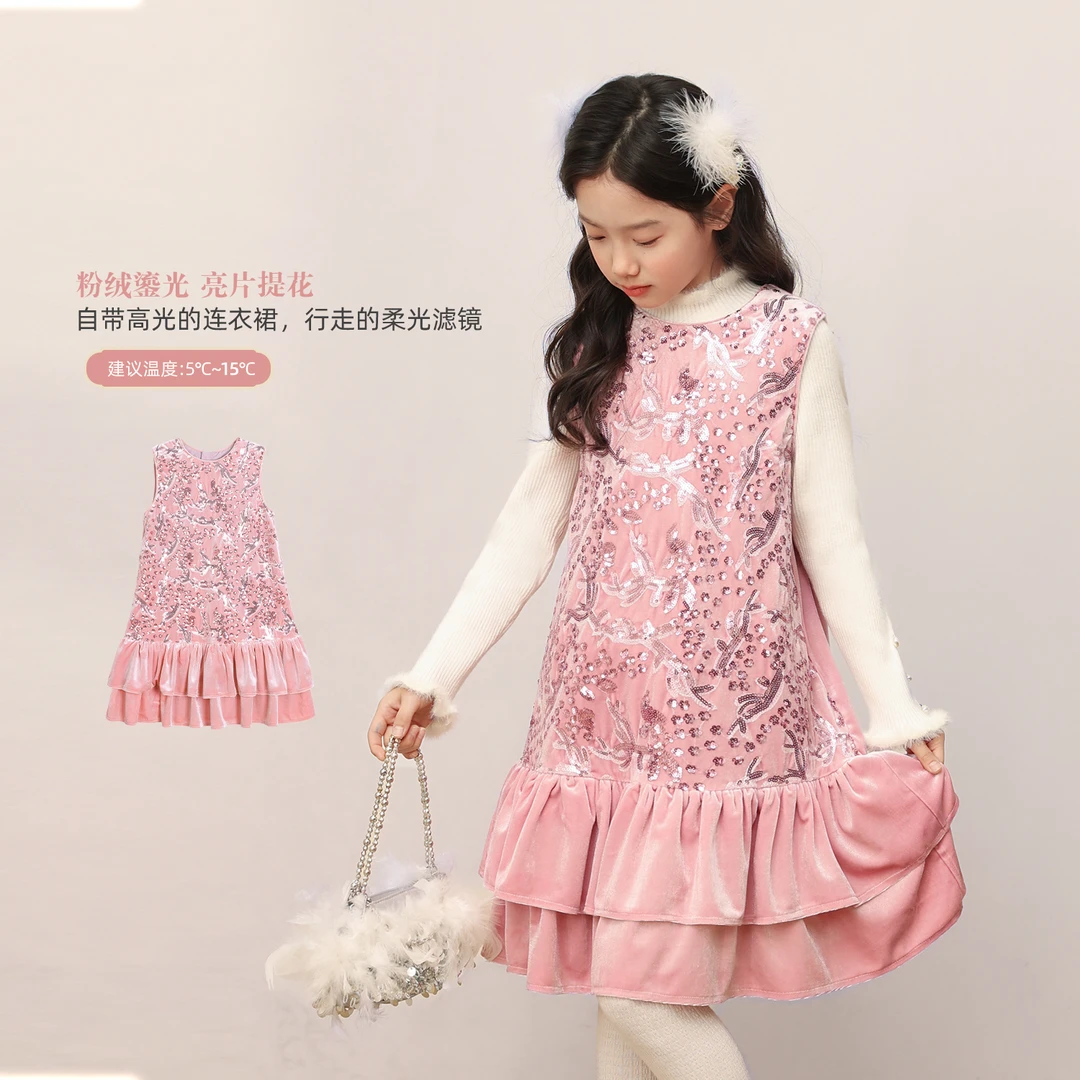 NORNOR女童2025新款丝绒拜年服背心连衣裙公主礼服裙NQ590251