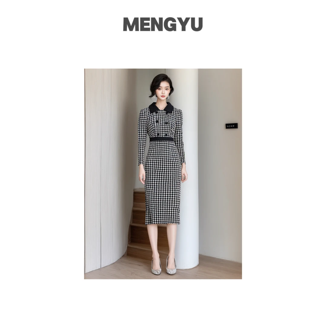 香家长袖包臀裙千鸟格开门襟连衣裙气质针织刺绣时尚显瘦小香风