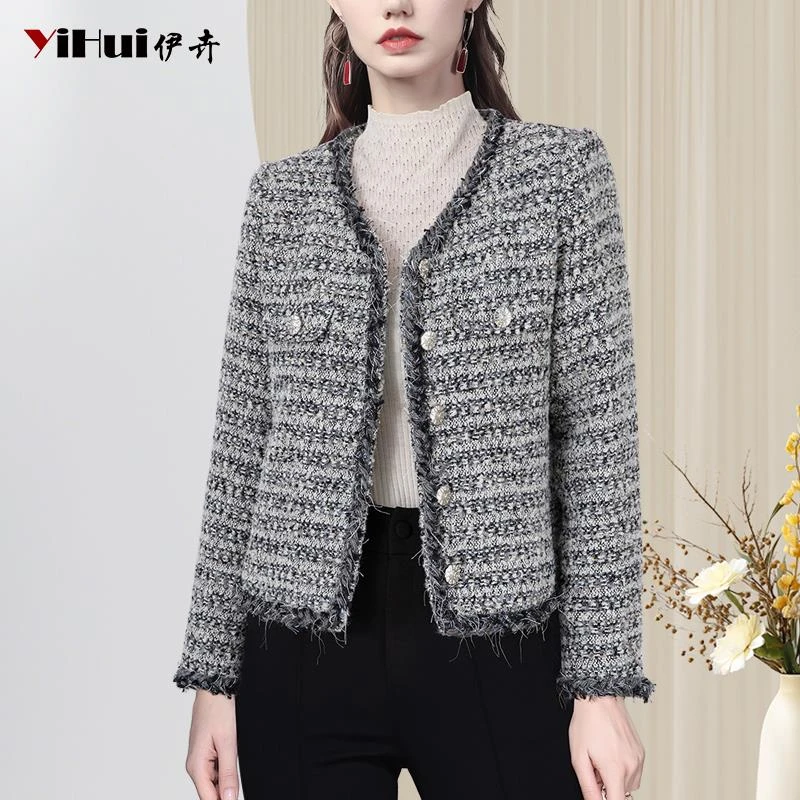 YIHUI伊卉小香风毛呢外套女v领上衣短款粗花呢子外衣百搭WK245172