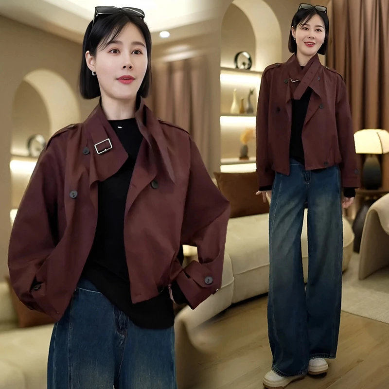 设计感休闲风衣外套女2025年秋季新款时尚洋气立领双排扣开衫上衣