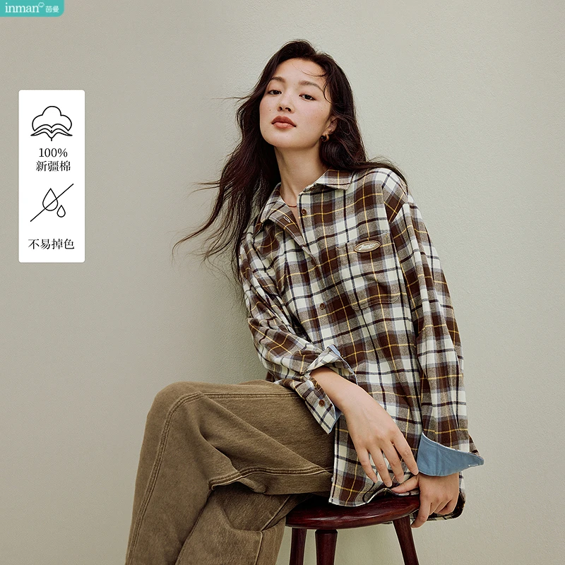 【琥珀流光】茵曼25秋季美式复古格子衬衫休闲慵懒风宽松长袖衬衣