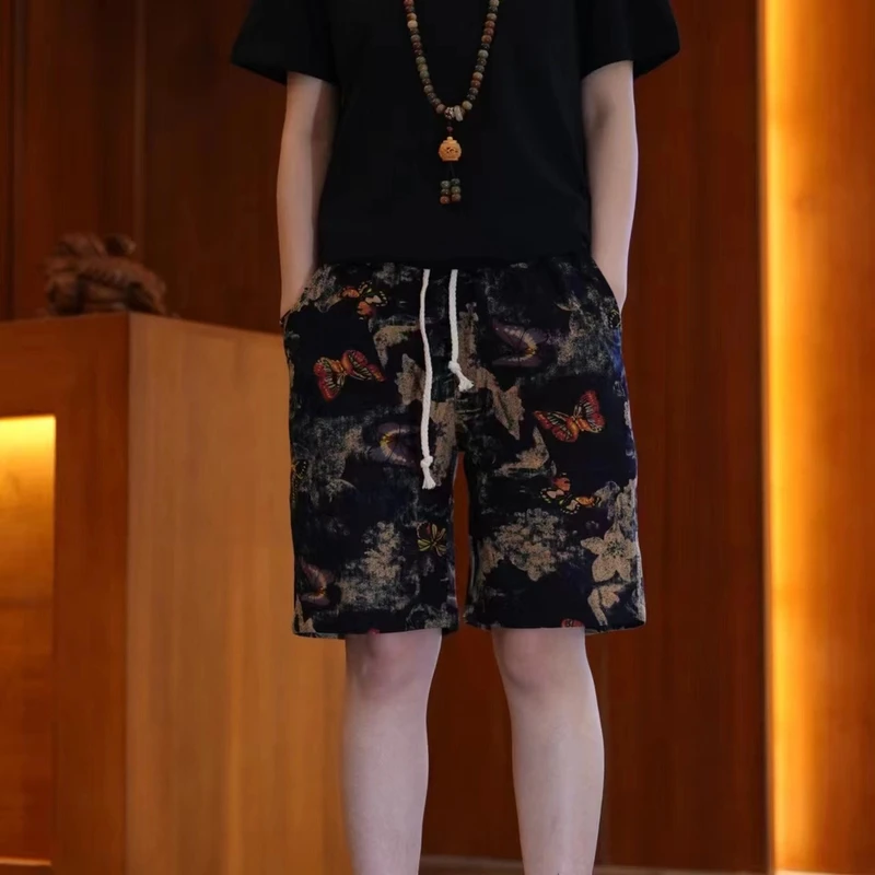 潮牌夏季百搭中性风短裤男士大码沙滩五分裤印花复古国风时尚中裤