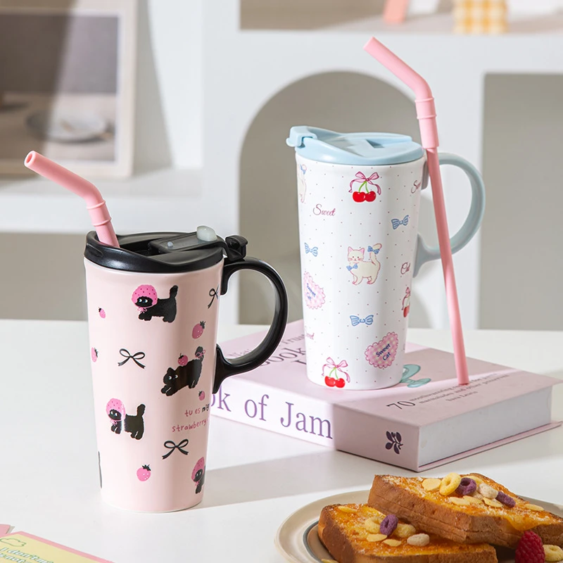 可爱猫猫随手高杯带吸管大容量马克杯送女生生日礼物漂亮杯子家用