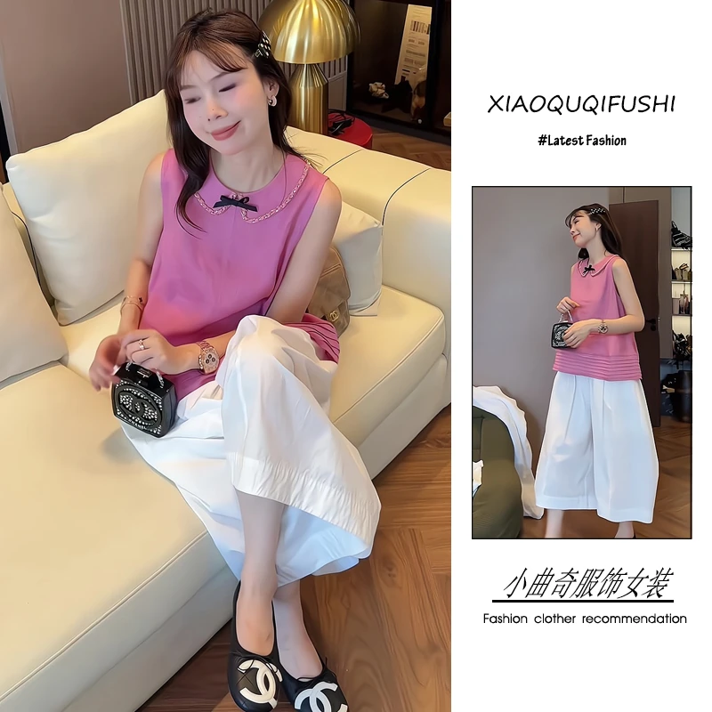 夏季2025新款一整套女韩系甜美风娃娃领无袖上衣阔腿灯笼裤两件套