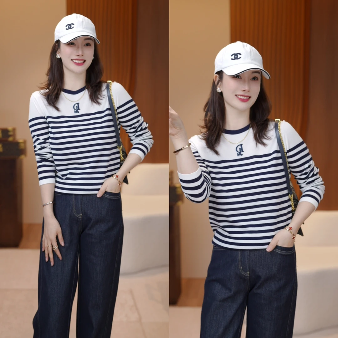 【撞色条纹】秋季原创时尚百搭针织小衫上衣XY25386