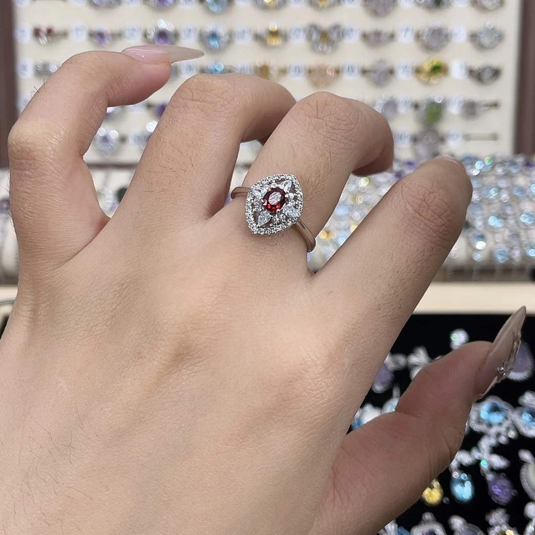 戒指石榴石银S925镶嵌