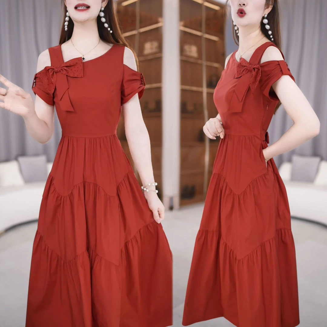 简约温婉显瘦小个子中长裙夏季新款时尚洋气设计露肩系带连衣裙潮