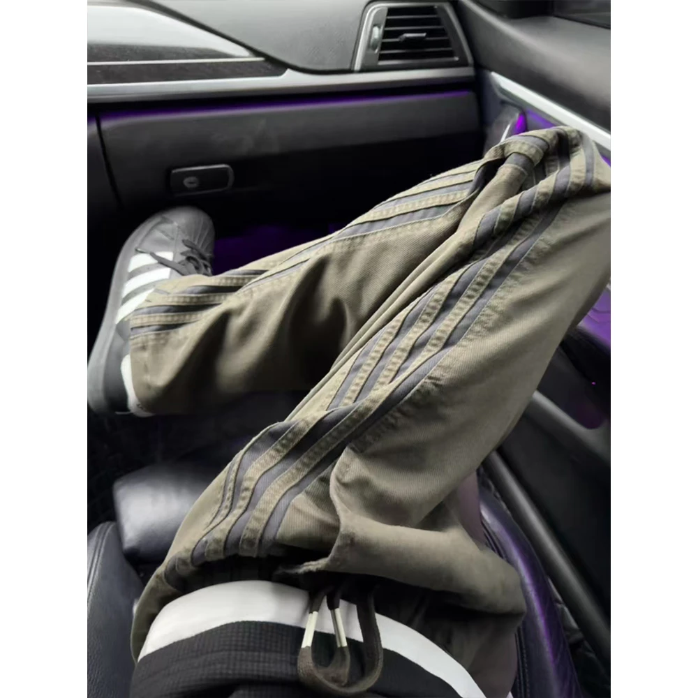 美式复古条纹裤子男夏季新款潮牌军绿色工装裤直筒三条杠休闲长裤