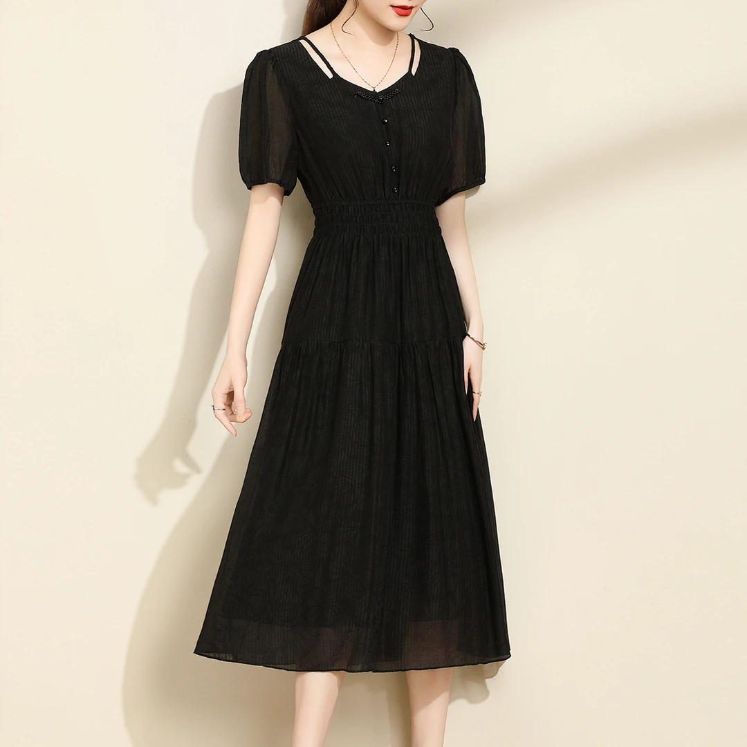 年轻妈妈夏装连衣裙气质雪纺裙女夏季2025新款设计感小众收腰法式